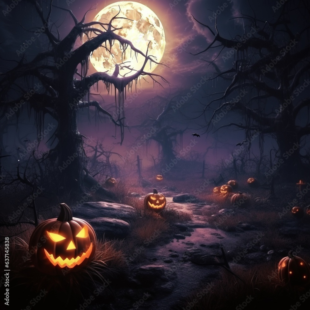 Halloween background spooky night with evil pumpkin Halloween background spooky night with evil pumpkin