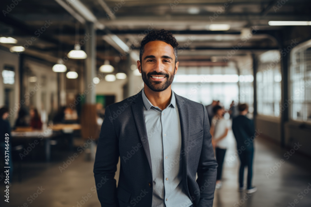 An ambitious entrepreneur stands confidently in front of a vibrant, bustling tech startup office space, brimming with innovation and potential. An ambitious entrepreneur stands confidently in front of a vibrant, bustling tech startup office space, brimming with innovation and potential.