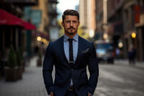 A dapper business man exudes confidence as he stands in front of a vibrant urban street scene, its bustling energy mirroring his own ambition.