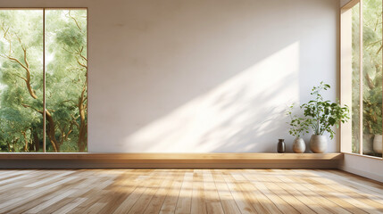 Empty room of modern contemporary loft with wooden floor and large windows to garden. Copy space. Generative AI