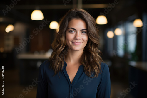 Professional Office Employee Posing Confidently in a Navy Blue Pinstripe Dress, Accentuating Her Brown Wavy Hair