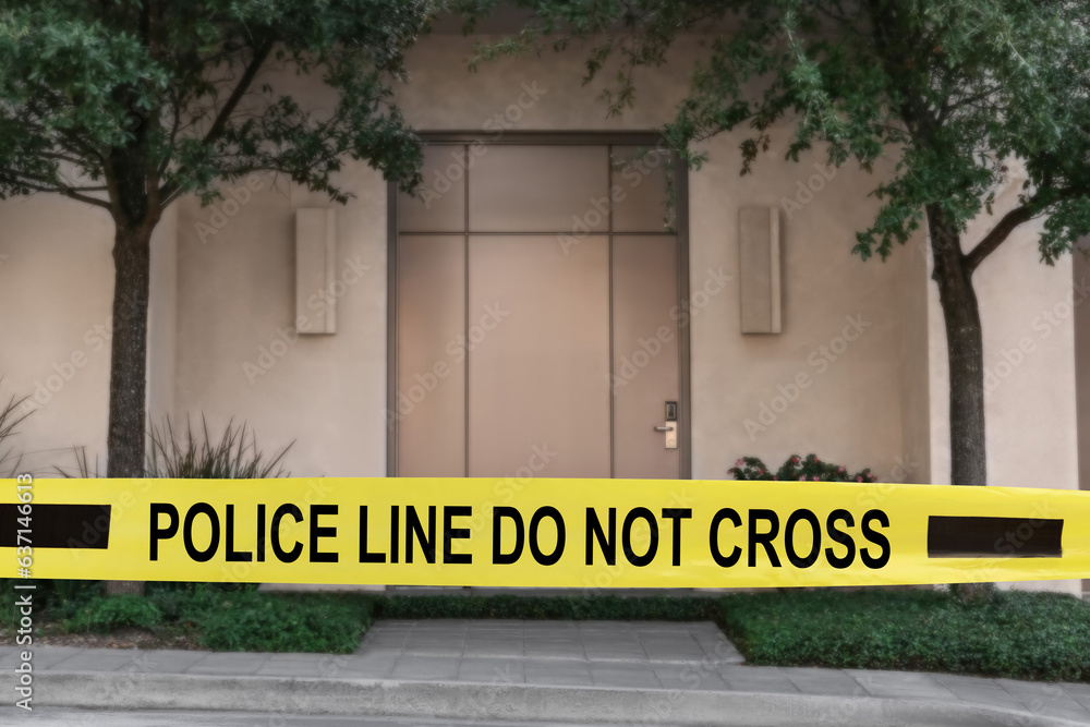 Fototapeta premium Yellow crime scene tape blocking way to house outdoors