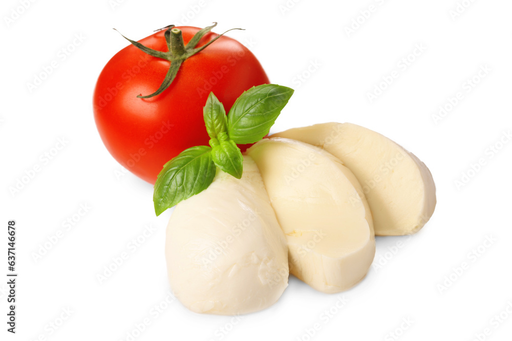 Delicious mozzarella cheese, tomato and basil leaves isolated on white. Cooking Caprese salad Delicious mozzarella cheese, tomato and basil leaves isolated on white. Cooking Caprese salad