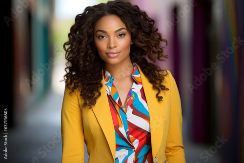 Elegantly poised businesswoman exudes confidence in a vibrant multicolored geometric print blouse paired with a sleek solid colored blazer