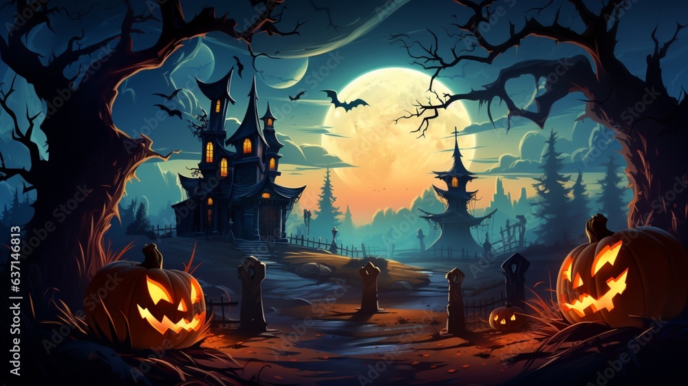 Halloween background spooky night with evil pumpkin