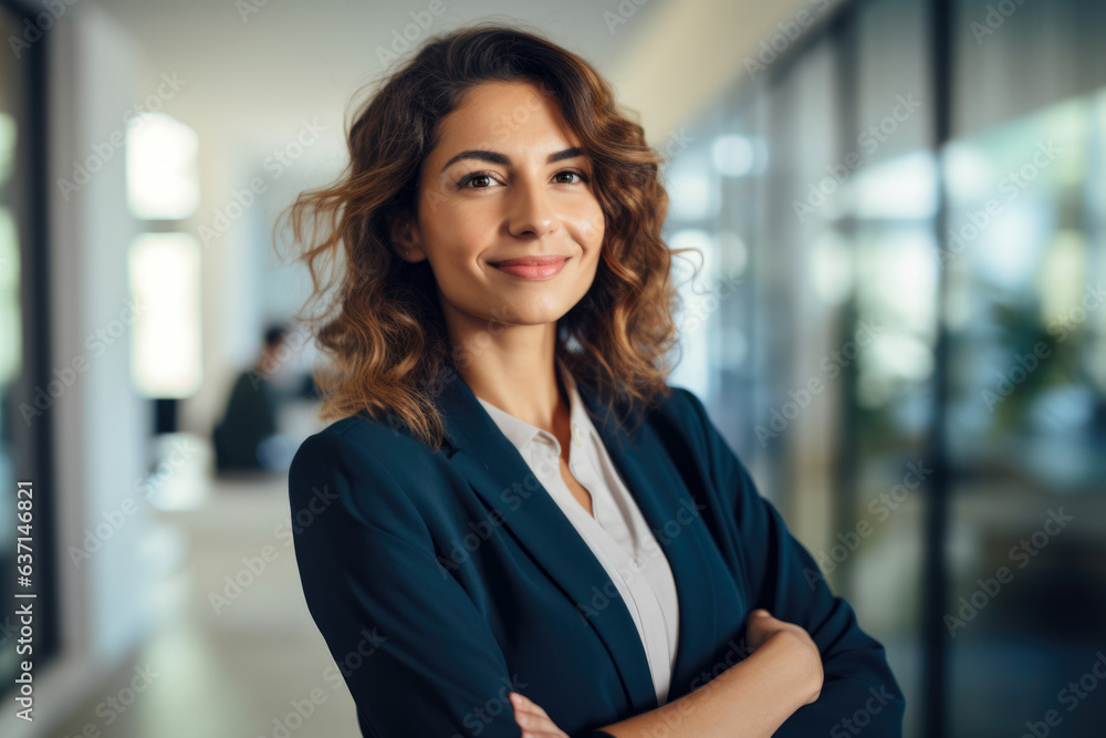 A Motivated Female Executive Embracing Teamwork and Strategy, Smiling Confidently in a Professional Business Suit A Motivated Female Executive Embracing Teamwork and Strategy, Smiling Confidently in a Professional Business Suit