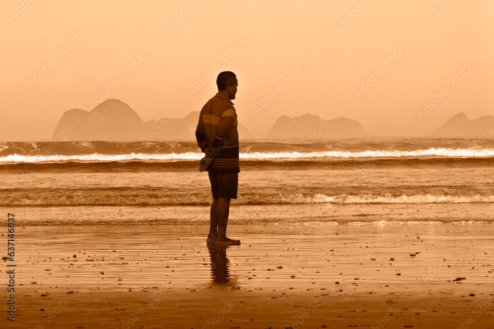 The man standing on the beach at sunset