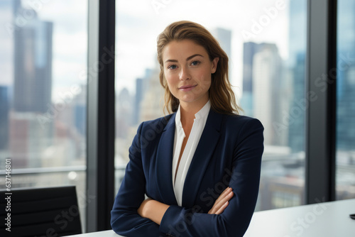 A Confident and Determined Businesswoman in a Blurry Cityscape Office, Crossing Arms with a Motivated Smile
