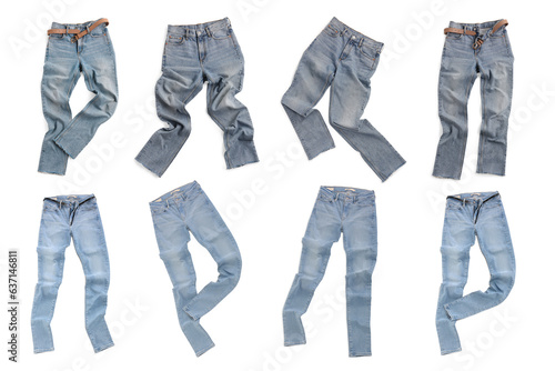 Set with different jeans on white background, top view