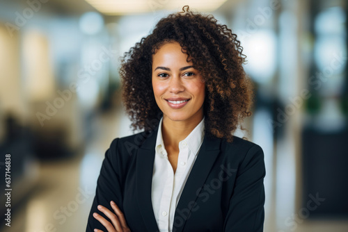 An Accomplished and Confident Businesswoman with Curly Hair, Wearing a Black Suit and White Shirt, Smiling at the Camera in a Corporate Office Environment