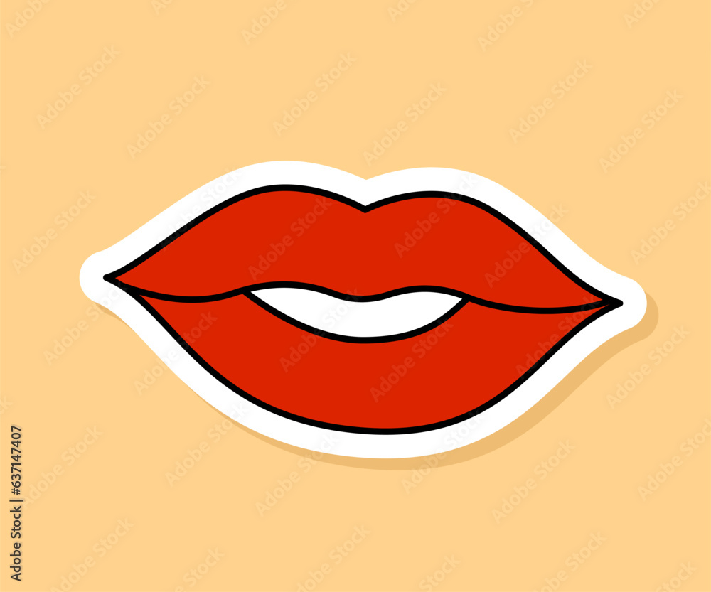 Obraz premium Vector Red lips retro sticker isolated on yellow background. 70s style cartoon icon with white contour