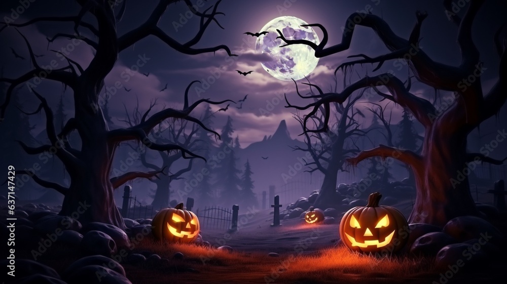 Halloween background spooky night with evil pumpkin