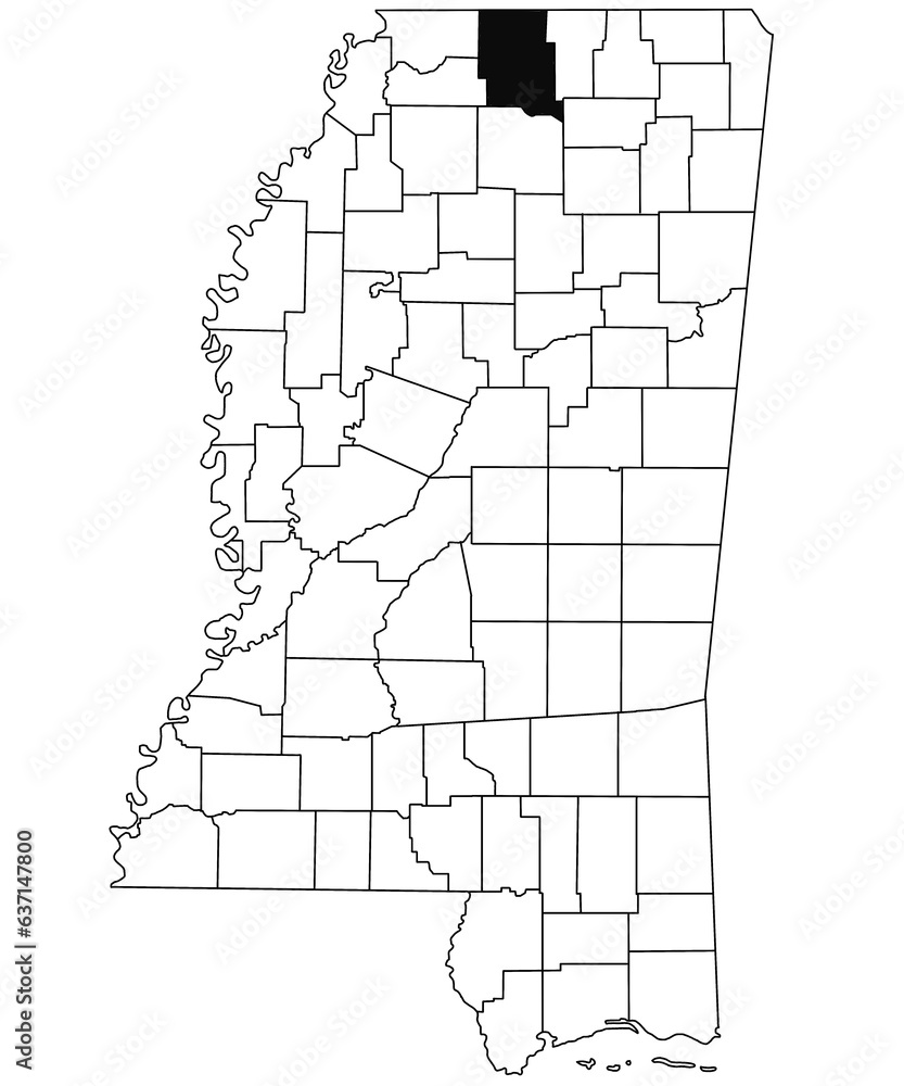 Fototapeta Map of Marshall County in Mississippi state on white background. single County map highlighted by black colour on Mississippi map. United States of America, US