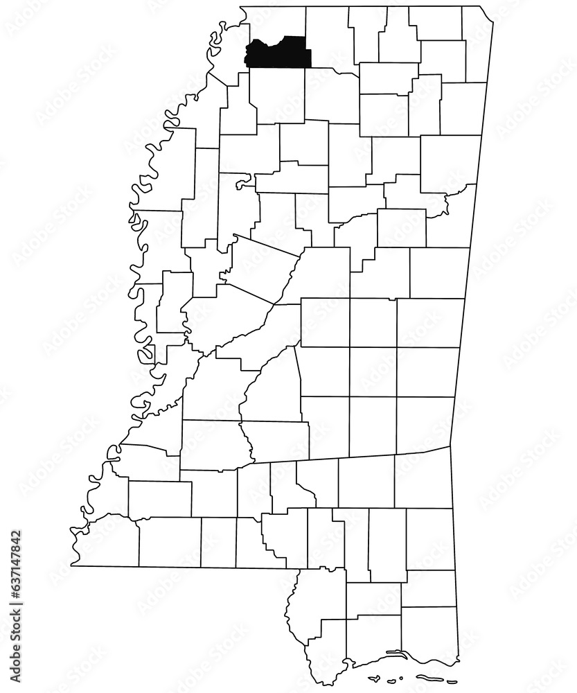 Map of Tate County in Mississippi state on white background. single County map highlighted by black colour on Mississippi map. United States of America, US Map of Tate County in Mississippi state on white background. single County map highlighted by black colour on Mississippi map. United States of America, US