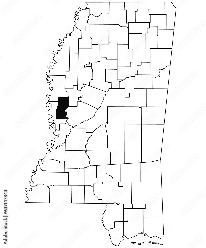 Map of Sharkey County in Mississippi state on white background. single County map highlighted by black colour on Mississippi map. United States of America, US