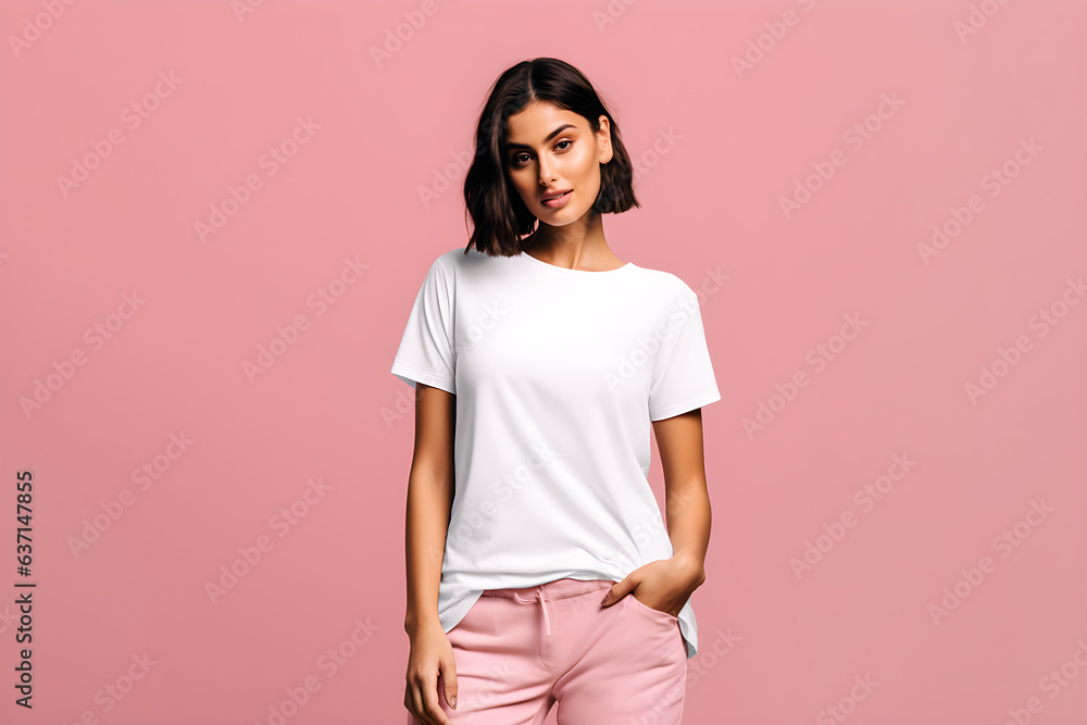 custom made wallpaper toronto digitalA woman wearing white tshirt mockup, at pink background. Design tshirt mock-up, print presentation mock-up. AI generated.