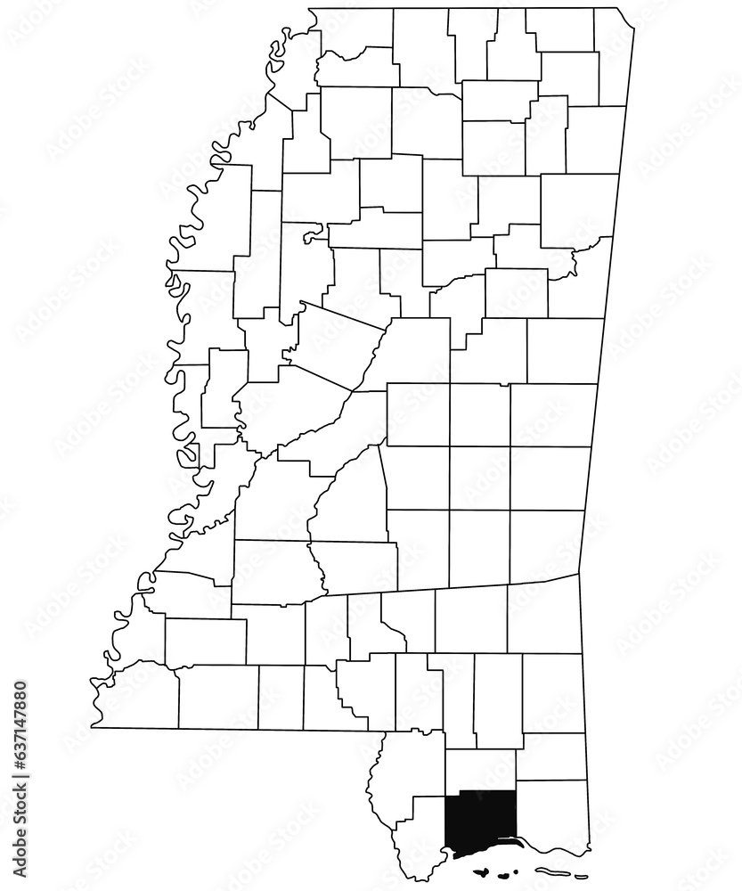 Fototapeta Map of Harrison County in Mississippi state on white background. single County map highlighted by black colour on Mississippi map. United States of America, US