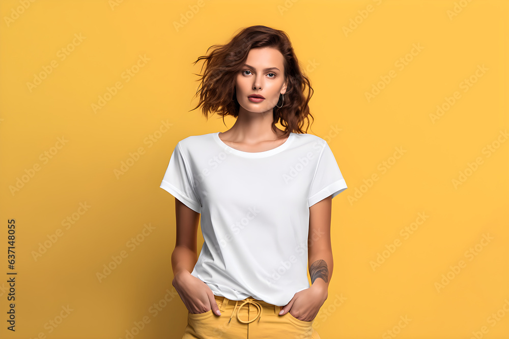 A woman wearing white tshirt mockup, at pink background. Design tshirt mock-up, print presentation mock-up. AI generated. - obrazy, fototapety, plakaty 