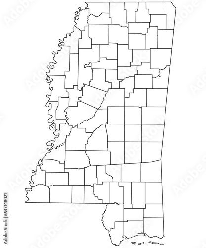 outline Mississippi map with County in white on white background. Administrative map of Mississippi state  United State of America  US  United State.