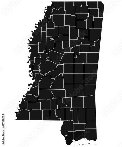 outline Mississippi map with County in white on white background. Administrative map of Mississippi state, United State of America, US, United State.
