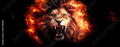 Divine Firestorm: The Lion of Judah, symbolizing Jesus, roars amid flames, showcasing formidable aggression—a visual metaphor of Christ's power over life's trials in Christian faith. photo