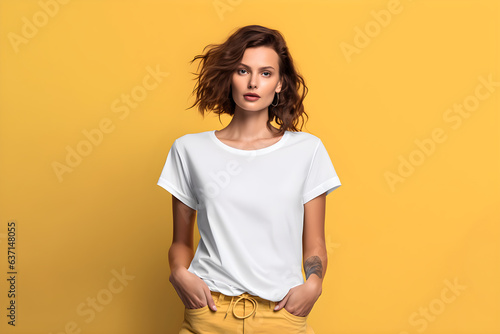 A woman wearing white tshirt mockup, at pink background. Design tshirt mock-up, print presentation mock-up. AI generated.