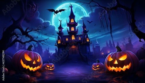 Halloween background spooky night with evil pumpkin