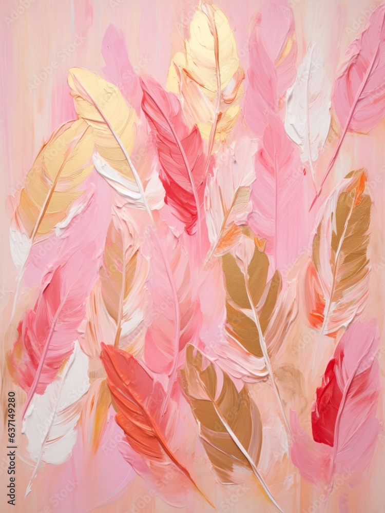 Pink, white and gold feathers impasto Oil painting  illustration on black background. Valentine, Woman's day and Mothers day concept, art for design poster, greeting card, banner, wedding invitation