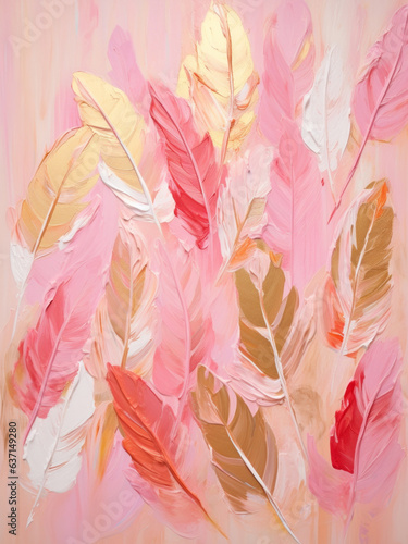 Pink, white and gold feathers impasto Oil painting illustration on black background. Valentine, Woman's day and Mothers day concept, art for design poster, greeting card, banner, wedding invitation