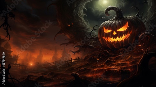 Halloween background spooky night with evil pumpkin