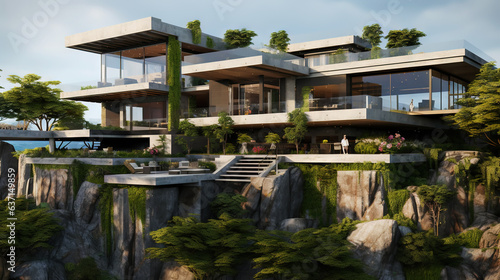 Luxury contemporaty villa on a mountain hill with a view on ocean. Generative AI © AngrySun