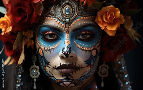 Calavera Catrina: Woman Portrayed in Striking Sugar Skull Makeup on a Dark Backdrop. © Liana