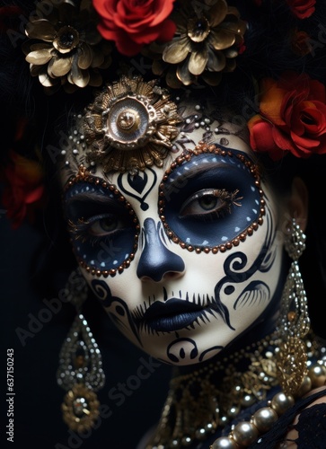 A Woman Adorned in Sugar Skull Makeup Poses Against a Dark Background. © Liana