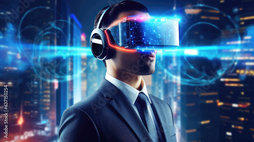 person wearing vr virtual reality headset in a futuristic lab and using virtual assistant or panel interface hologram for product technology development generative ai technology