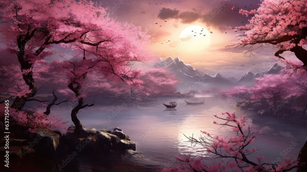 Obraz premium Beautiful 3D Nature and landscape wallpaper, Japanese Park with Cherry Blossom Tree