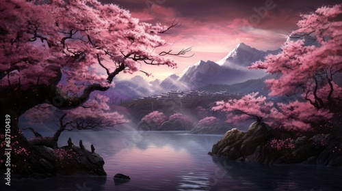 Beautiful 3D Nature and landscape wallpaper, Japanese Park with Cherry Blossom Tree