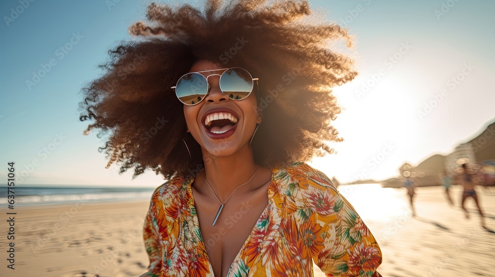young latina woman with afro hair and sunglasses while walking near beach, in the style of joyful celebration of nature, wimmelbilder