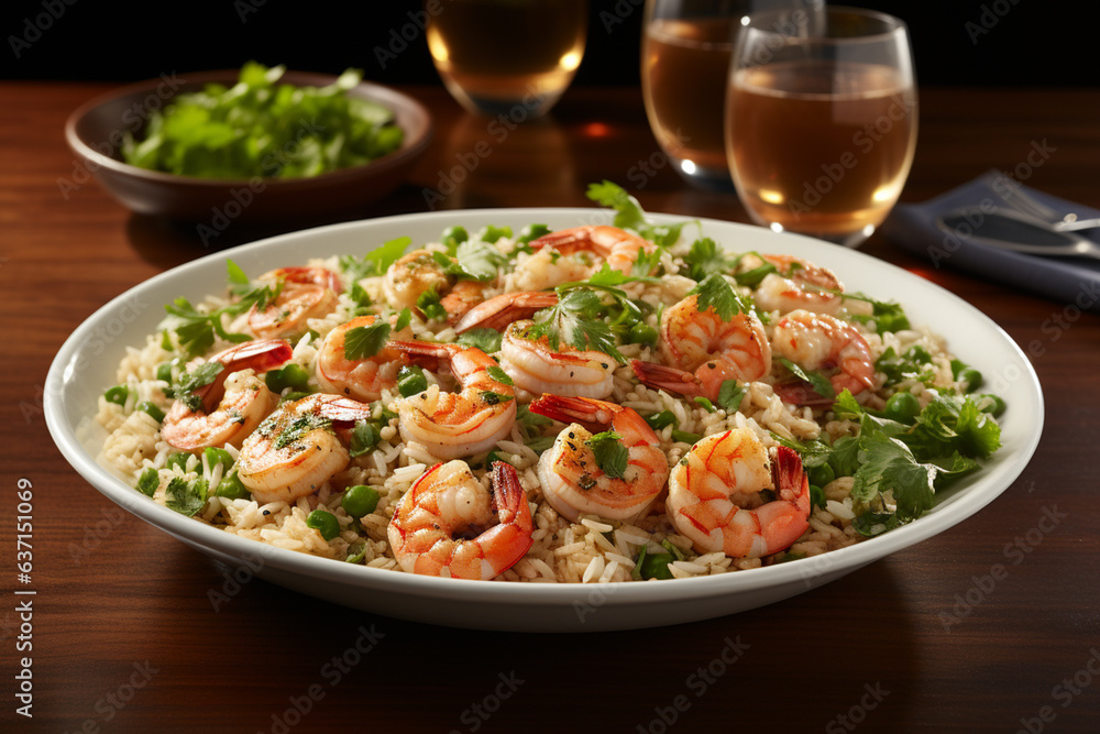 rice with shrimp. Delicious risotto with prawns and herbs on wooden table. Generative Ai rice with shrimp. Delicious risotto with prawns and herbs on wooden table. Generative Ai