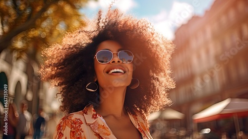 young latina woman with afro hair and sunglasses while walking in a city, in the style of joyful celebration of nature, wimmelbilder