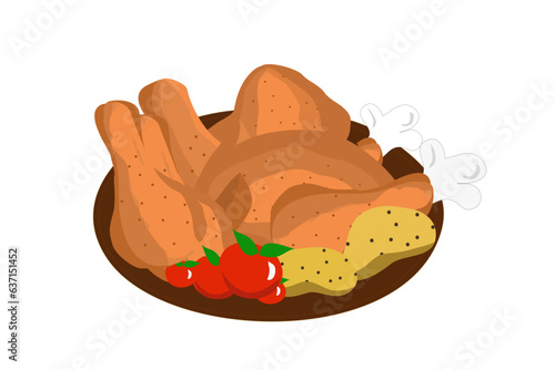 Chickens, tomatoes and potatoes in black plate vector illustration