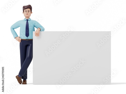Cartoon characters holding an empty white board for insert a concept.3d rendering,conceptual image. isolated on white background. © Jane