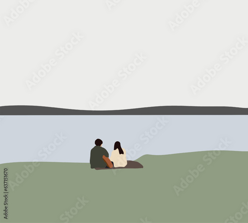 Couple sitting on the park ground near the lake while young man playing guitar. Enjoying date the weekend.  Lifestyle, love, dating, vacation concept