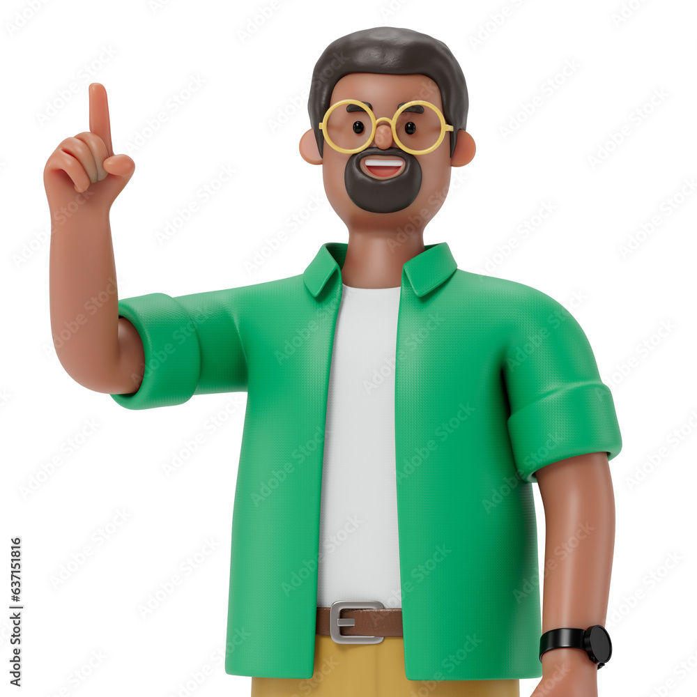 A 3D cartoon character standing and showing hand at direction,with index finger up gesture, 3d rendering,conceptual image, isolated on white background.