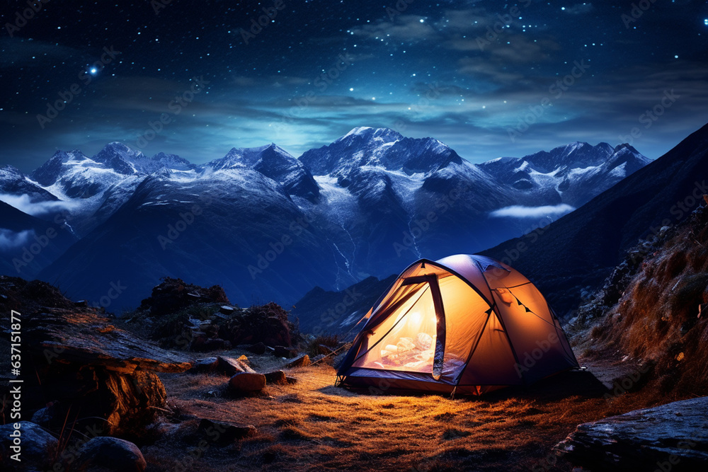 Camping in the mountains under the starry sky. Night landscape.