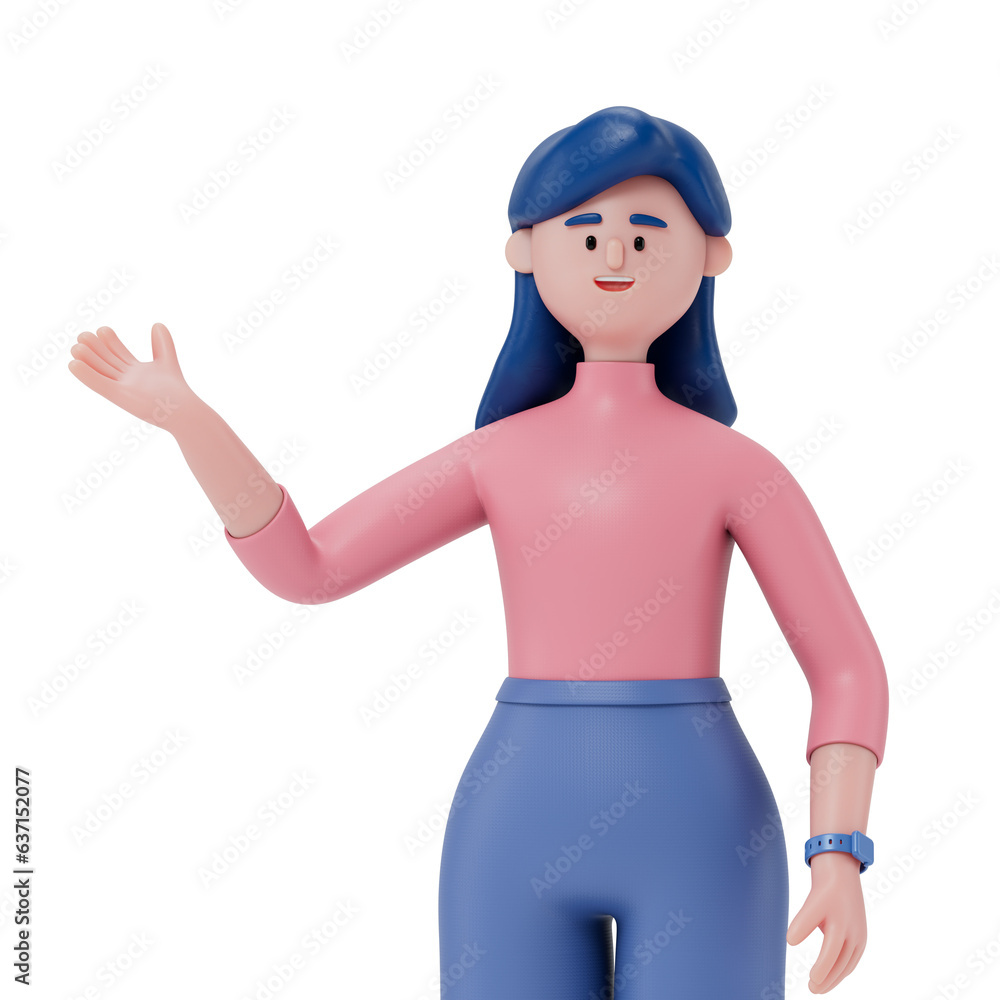 A 3D cartoon character standing and showing hand at direction. 3d rendering,conceptual image, isolated on white background. A 3D cartoon character standing and showing hand at direction. 3d rendering,conceptual image, isolated on white background.