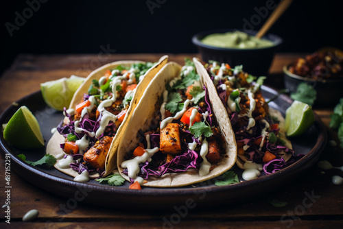 grilled meat with vegetables. Mexican tacos with coleslaw and guacamole on wooden background. Food concept. Generative AI
