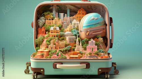 Suitcase open full of landmarks of many country and travel accessory on pastel background