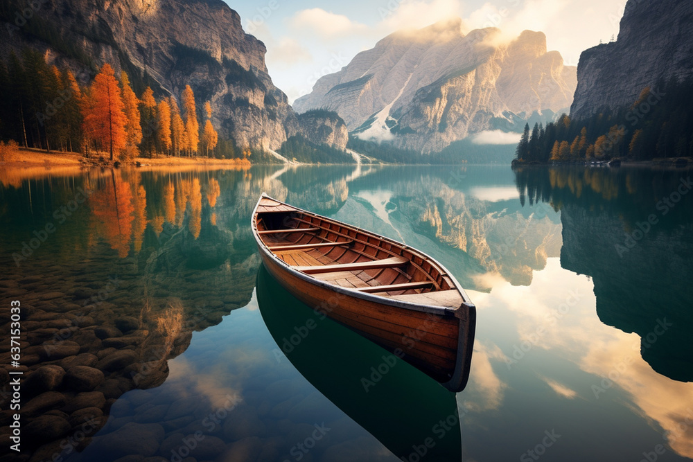 Beautiful autumn landscape with a boat on the lake in the mountains. Beautiful reflection of snow covered mountains. Generative AI