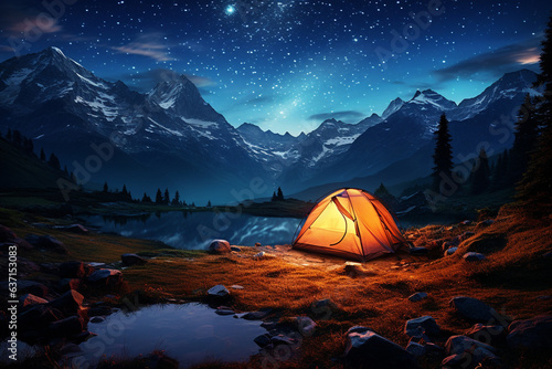 camping in the mountains. Tourist tent in the mountains at night with starry sky. Travel concept. Generative AI