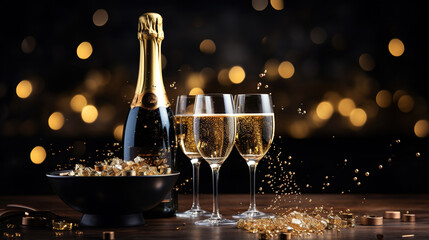 Luxury celebration birthday new year's eve Sylvester or other holidays background banner greeting card - Toast with sparkling wine or champagne glasses and bottle on dark black night background